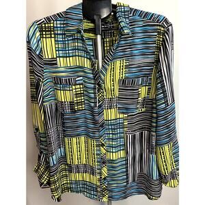 Relativity Women's Button Up Blouse Large with Roll up Sleeves Black Teal